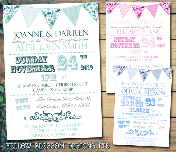 Shabby Chic Bunting - Christening Invitations Boy Girl Unisex Twins Baptism Naming Day Ceremony Celebration Party ~ QUANTITY DISCOUNT AVAILABLE