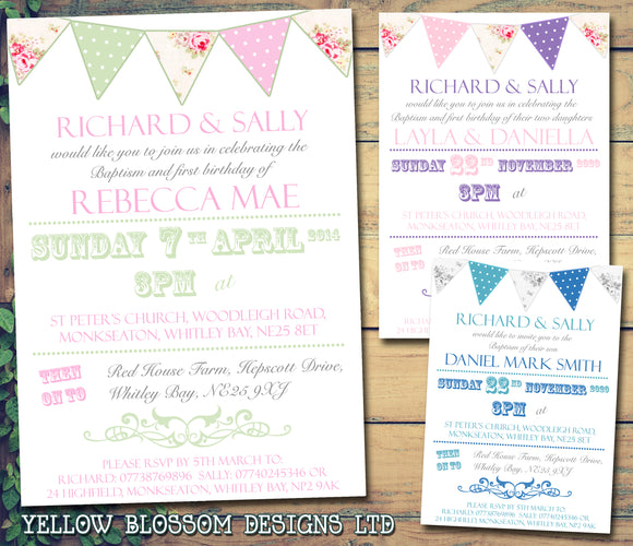 Rustic Poster Bunting Chic - Christening Invitations Joint Boy Girl Unisex Twins Baptism Naming Day Ceremony Celebration Party ~ QUANTITY DISCOUNT AVAILABLE