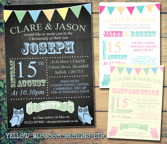 Owls Bunting Shabby - Christening Invitations Boy Girl Unisex Joint Twins Baptism Naming Day Ceremony Celebration Party ~ QUANTITY DISCOUNT AVAILABLE