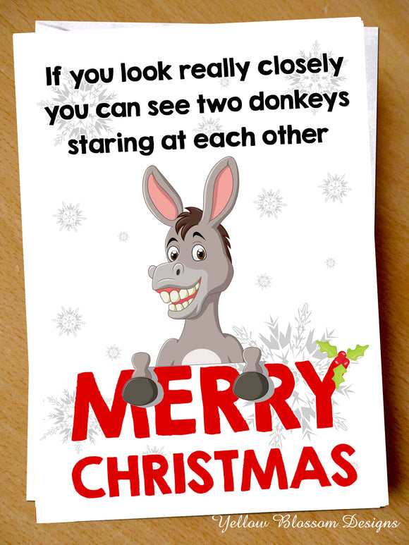 Funny Rude Christmas Card Offensive Xmas Mum Dad Nan Brother Sister Aunty Joke Look Closely Staring Two Donkeys