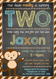 Monkey Chalkboard ONE TWO Party Invitations - Children's Kids Child Birthday Invites Joint Party Unisex Printed ~ QUANTITY DISCOUNT AVAILABLE