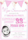 Shabby Chic Vintage Bunting Photo Invitations - Boy Girl Unisex Joint Birthday Invites Boy Girl Joint Party Twins Unisex Printed ~ QUANTITY DISCOUNT AVAILABLE