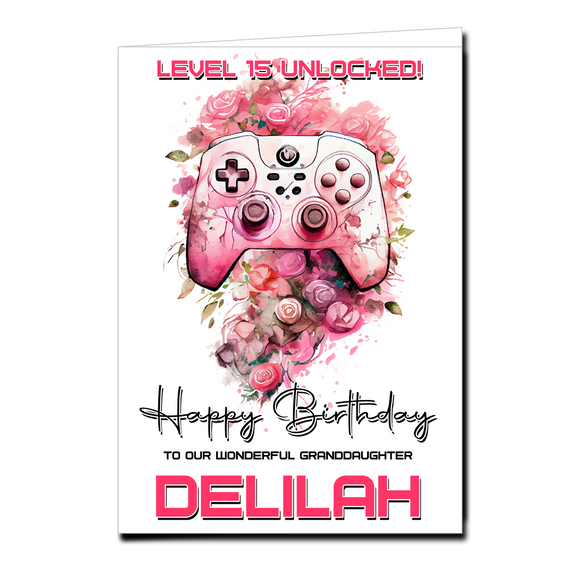 Personalised Girlie Pink Flowers Gaming Birthday Card