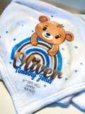 Personalised Rainbow Teddy Bear Blue Blanket