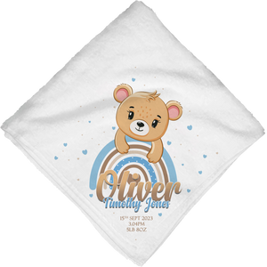 Personalised Rainbow Teddy Bear Blue Blanket