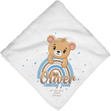 Personalised Rainbow Teddy Bear Blue Blanket