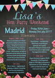Shabby Chic Bunting Glitter Hen Weekend Itinerary Cards Hen Party Invites Bride To Be  - Custom Personalised Invites - Yellow Blossom Designs Ltd