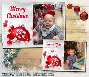 Red Baubles Personalised Folded Flat Christmas Photo Cards Family Child Kids