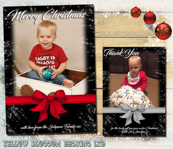 Starry Sky Night Bow Personalised Folded Flat Christmas Photo Cards Family Child Kids ~ QUANTITY DISCOUNT AVAILABLE