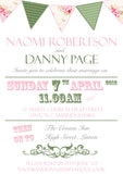 Shabby Chic Bunting Green Pink Orange Brown Wedding Day Evening Invitations Personalised Bespoke  - Custom Personalised Invites - Yellow Blossom Designs Ltd