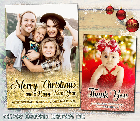 Red Gold Photo Card Personalised Folded Flat Christmas Thank You Photo Cards Family Child Kids