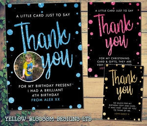 Personalised Birthday Thank You Cards Printed Glitter Effect Photo Note Blue Pink Gold Black Him Her Boy Girl Unisex Christening Naming Day Baptism Christmas Thanks 