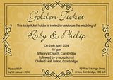 Golden Ticket Purple Gold Black White Wedding Day Evening Invitations Personalised Bespoke ~ QUANTITY DISCOUNT AVAILABLE