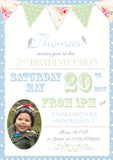 Shabby Chic Vintage Bunting Photo Invitations - Boy Girl Unisex Joint Birthday Invites Boy Girl Joint Party Twins Unisex Printed ~ QUANTITY DISCOUNT AVAILABLE