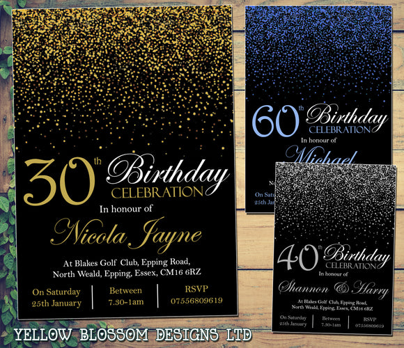 Glitter Confetti Birthday Invitations Female Male Unisex Joint Party 18th 21st 30th 40th 50th 60th ~ QUANTITY DISCOUNT AVAILABLE