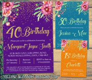 Glitter Confetti Floral Birthday Invitations Party 18th 21st 30th 40th 50th 60th