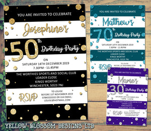 Adult Party Invitations Glitter Effect Stripes Dots 30th 40th 50th 60th 70th
