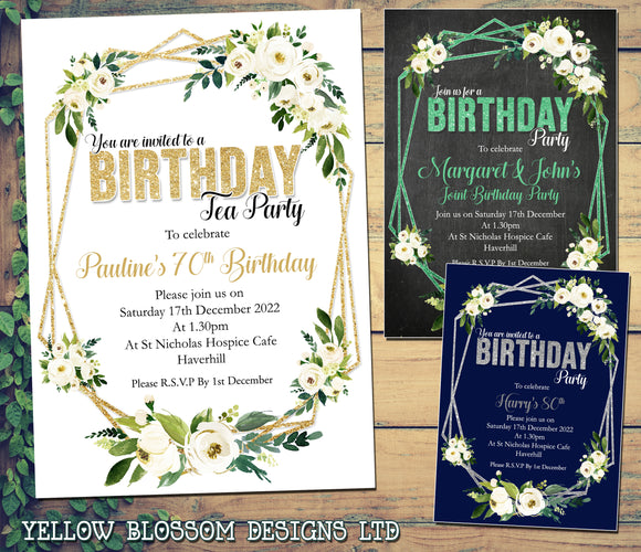 10 Personalised Birthday Party Invitations Invites Floral Male Female Unisex 21st 30th 40th 50th 60th 70th 80th 90th Tea Party Surprise Birthday