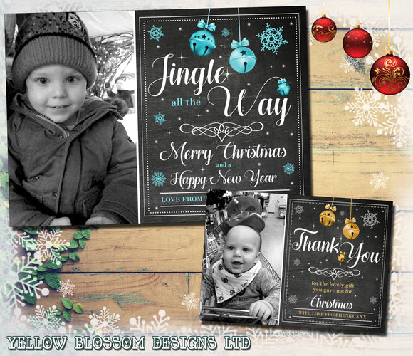 Jingle Bell Personalised Packs of Photo Christmas Cards Thank You