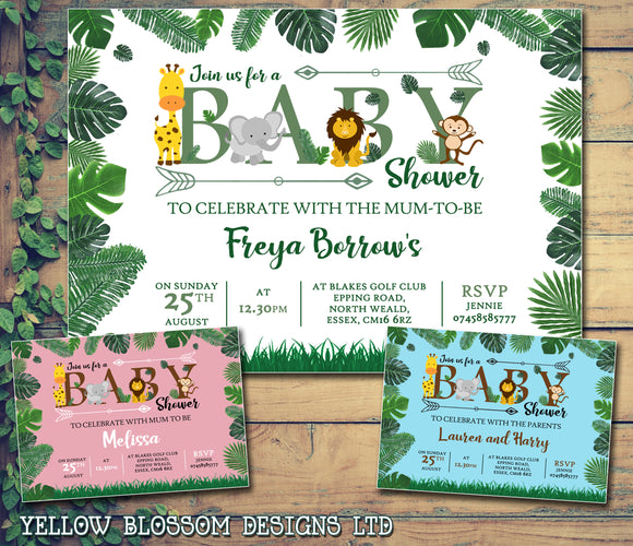 Personalised Jungle Baby Shower Invitations Gender Reveal Invites Neutral - Custom Personalised Invites - Yellow Blossom Designs Ltd