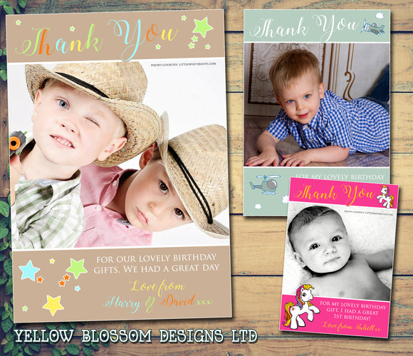 Planes Stars Pony Horse Photo Joint Personalised Birthday Thank You Cards Printed Kids Child Boys Girls Adult ~ QUANTITY DISCOUNT AVAILABLE