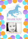 Unicorn Glitter Effect Photo Notes Personalised Birthday Thank You Cards Printed Kids Child Boys Girls Adult ~ QUANTITY DISCOUNT AVAILABLE