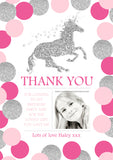 Unicorn Glitter Effect Photo Notes Personalised Birthday Thank You Cards Printed Kids Child Boys Girls Adult ~ QUANTITY DISCOUNT AVAILABLE