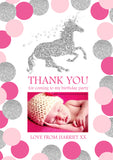 Unicorn Glitter Effect Photo Notes Personalised Birthday Thank You Cards Printed Kids Child Boys Girls Adult ~ QUANTITY DISCOUNT AVAILABLE