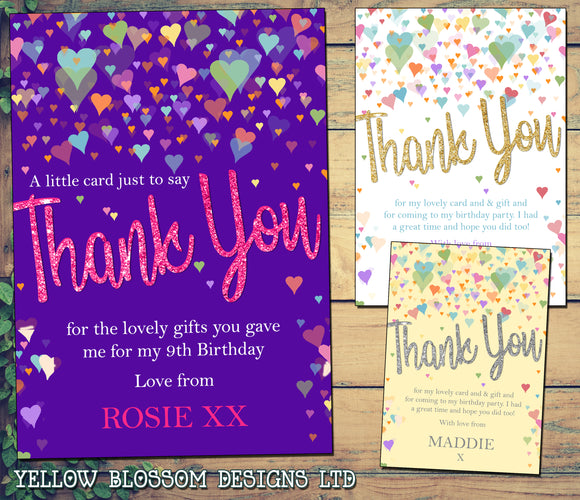 Personalised Thank You Cards Notes Birthday Children Adult Rainbow Hearts Girlie Glitter Effect Pink Purple Love Cute Christening Naming