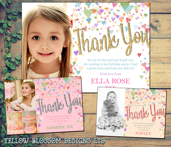 Personalised Thank You Photo Cards Notes Birthday Children Adult Rainbow Hearts Girlie Glitter Effect Pink Purple Love Christening Naming