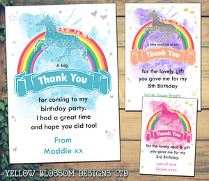 Personalised Girl Birthday Thank You Cards Photo Children Kids Rainbow Unicorn Girlie Starts Hearts Pink Orange Yellow Blue Green Her 