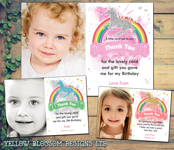 Personalised Girl Birthday Thank You Photo Cards Photo Children Kids Rainbow Unicorn Girlie Starts Hearts Pink Orange Yellow Blue Green