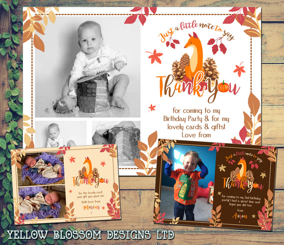 0 Personalised Autumn Leaves Birthday Party Thank You Cards Baby Halloween Fox Girl Boy Unisex Twins New Born Baby Announcement Photo Notes Him Her Pumpkin