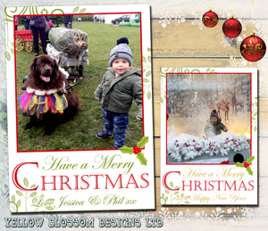 Cute Green Red Gold Personalised Folded Flat Christmas Photo Cards Family Child Kids ~ QUANTITY DISCOUNT AVAILABLE