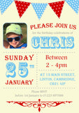Funky Bunting Poster Carnival Photo Invitations - Children's Kids Child Birthday Invites Joint Party Unisex Printed ~ QUANTITY DISCOUNT AVAILABLE