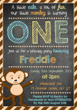 Monkey Chalkboard ONE TWO Party Invitations - Children's Kids Child Birthday Invites Joint Party Unisex Printed ~ QUANTITY DISCOUNT AVAILABLE