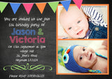 Shabby Bunting Chalkboard Party Invitations - Boy Girl Unisex Joint Birthday Invites Boy Girl Joint Party Twins Unisex Printed ~ QUANTITY DISCOUNT AVAILABLE