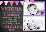 Children's Birthday Party Photo Invitations Bunting Chalkboard Twin ~ QUANTITY DISCOUNT AVAILABLE