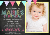 Children's Birthday Party Photo Invitations Bunting Chalkboard Twin ~ QUANTITY DISCOUNT AVAILABLE