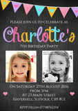 Chalkboard Bunting Glitter Joint Photo Party Invitations - Twin Children's Kids