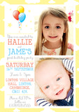 Cute Balloon Photo Party Invitations - Boy Girl Joint Party Invites Twins Unisex Printed Children's Kids Child ~ QUANTITY DISCOUNT AVAILABLE