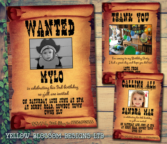 WANTED Poster Cowboy Cowgirl Photo Party Invitations - Children's Kids Child Birthday Invites Joint Party Unisex Printed ~ QUANTITY DISCOUNT AVAILABLE