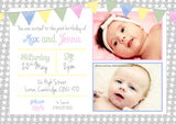 Bunting Chic Glitter Party Invitations - Birthday Invites Boy Girl Joint Party Twins Unisex Printed Children's Kids Child ~ QUANTITY DISCOUNT AVAILABLE