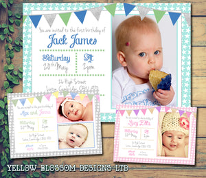 Bunting Chic Glitter Party Invitations - Birthday Invites Boy Girl Joint Party Twins Unisex Printed Children's Kids Child ~ QUANTITY DISCOUNT AVAILABLE