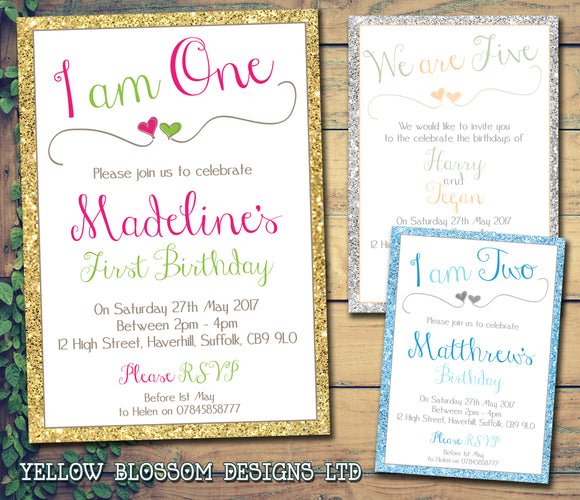 Glitter Effect Border 1 2 3 4 5 6 7 8 9 10 Party Invitations - Boy Girl Twin Unisex Joint Birthday Invites Boy Girl Joint Party Twins Unisex Printed ~ QUANTITY DISCOUNT AVAILABLE
