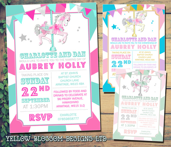 Fairground Ride Horse - Christening Invitations Boy Girl Unisex Twins Baptism Naming Day Ceremony Celebration Party ~ QUANTITY DISCOUNT AVAILABLE