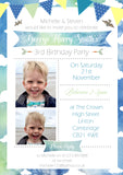 Bunting Watercolour Party Invitations - Birthday Invites Boy Girl Joint Party Twins Unisex Printed Children's Kids Child ~ QUANTITY DISCOUNT AVAILABLE