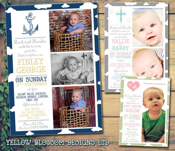Nautical Hearts Cross - Christening Invitations Boy Girl Unisex Twins Baptism Naming Day Ceremony Celebration Party ~ QUANTITY DISCOUNT AVAILABLE
