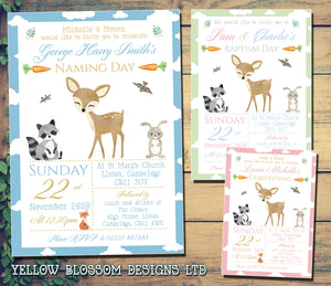 Woodland Animals Christening Invitations Boy Girl Unisex Joint Twins Baptism Naming Day Ceremony Celebration Party ~ QUANTITY DISCOUNT AVAILABLE