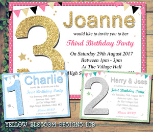 Party Invitations - Birthday Invites Boy Girl Joint Party Twins Unisex Printed Children's Kids Child ~ QUANTITY DISCOUNT AVAILABLE
